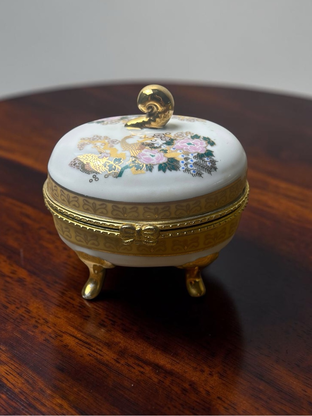 Porcelain Peacock Floral Hinged Trinket Box